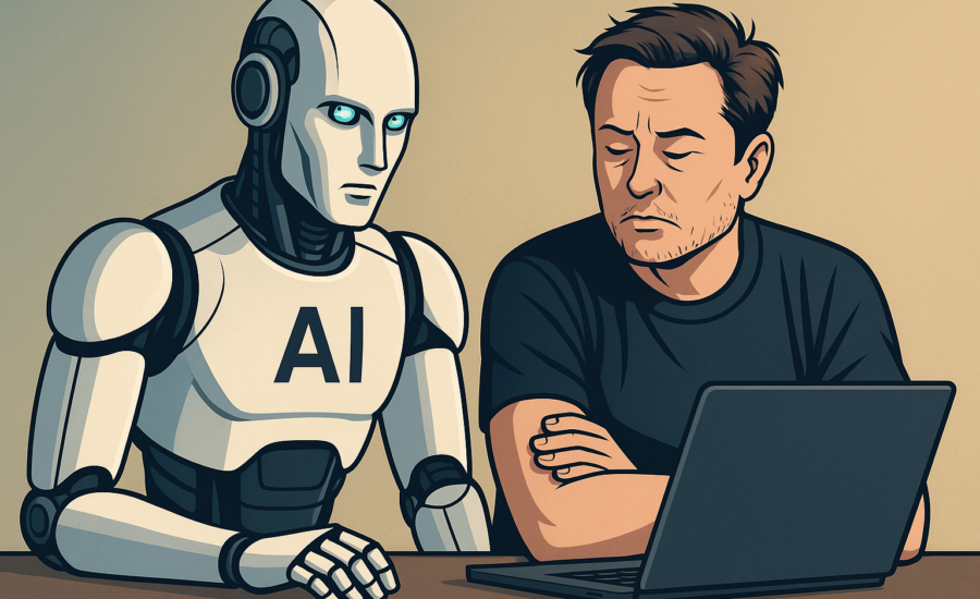 Humanoidný robot s nápisom AI sedí vedľa muža so založenými rukami, obaja sledujú laptop na stole, v neutrálnom prostredí.