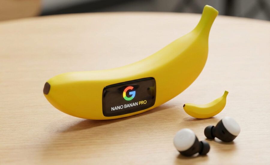 Zariadenie Google Nano Banana Pro v tvare banánu s displejom a logom Google, položené na stole vedľa slúchadiel