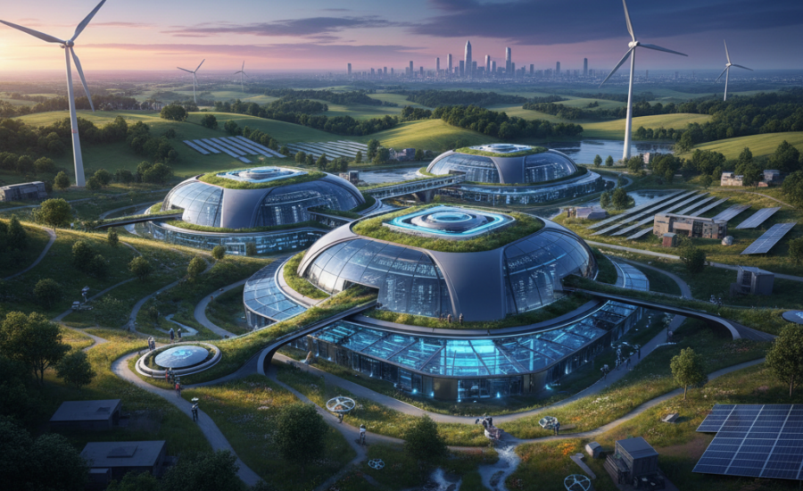 Futurálna, ekologická budova dátového centra uprostred zelenej krajiny s veternými turbínami a solárnymi panelmi. V pozadí sa týčia mrakodrapy mesta.