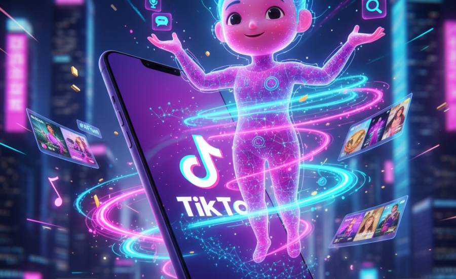 Žiarivá digitálna ilustrácia zobrazujúca usmievavú, kreslenú postavičku pripomínajúcu AI asistenta, ktorá vystupuje z obrazovky smartfónu s logom TikTok. Okolo nej víria neónové svetlá a hologramy TikTok videí, v pozadí je rozmazaná nočná panoráma mesta.
