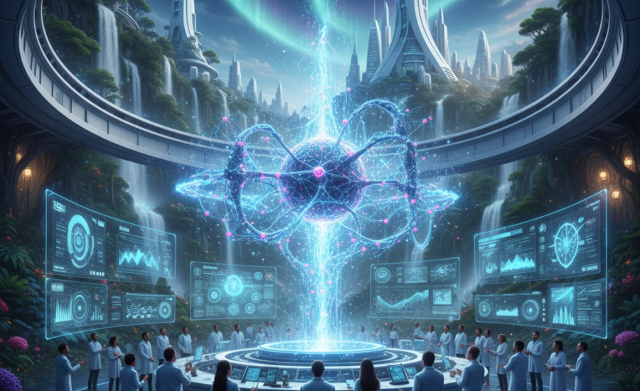 Skupina vedcov v laboratórnych plášťoch stojí okolo futuristického holografického rozhrania, ktoré zobrazuje komplexnú molekulárnu štruktúru s energetickými svetelnými čiarami. V pozadí sa nachádza futuristické mesto s vodopádmi a polárnou žiarou na oblohe.