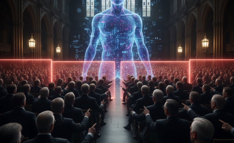 Historická parlamentná sála, kde skupina poslancov v oblekoch ukazuje na obrovskú holografickú projekciu ľudskej postavy, žiariacu modrým svetlom symbolizujúcim AI. Medzi nimi sú napäté červené laserové línie.