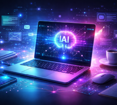Futuristický laptop s holografickými prvkami a ikonou umelej inteligencie na obrazovke, obklopený digitálnymi dátami, smartfónom, kávou a poznámkami na stole.