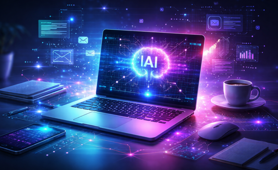 Futuristický laptop s holografickými prvkami a ikonou umelej inteligencie na obrazovke, obklopený digitálnymi dátami, smartfónom, kávou a poznámkami na stole.