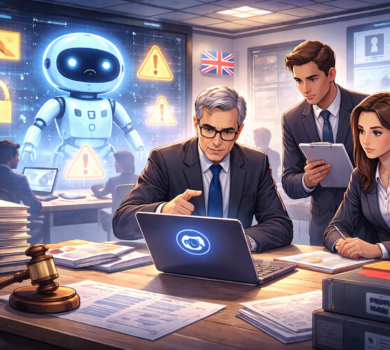 Skupina odborníkov v oblekoch diskutuje o regulácii AI; za nimi je hologram robota so symbolmi výstrahy a britskou vlajkou.