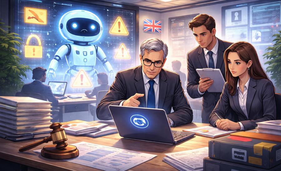 Skupina odborníkov v oblekoch diskutuje o regulácii AI; za nimi je hologram robota so symbolmi výstrahy a britskou vlajkou.