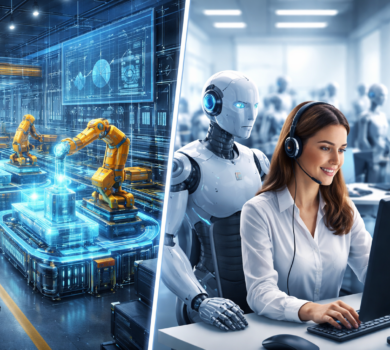 Digitálna ilustrácia rozdelená na dve časti: vľavo high-tech továreň s robotickými ramenami a inžiniermi, vpravo žena v call centre komunikujúca s AI robotom v pozadí.