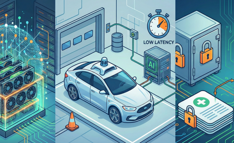 Infografika znázorňujúca tri panely: výkonný server s GPU pre spracovanie dát, autonómne vozidlo symbolizujúce real-time odozvu a digitálny trezor predstavujúci zabezpečenie údajov.