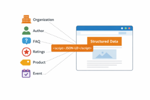 Jednoduchá ilustrácia schema markupu, ktorá ukazuje prepojenie štruktúrovaných dát JSON-LD s prvkami webovej stránky ako Organization, Author, FAQ, Ratings, Product a Event.