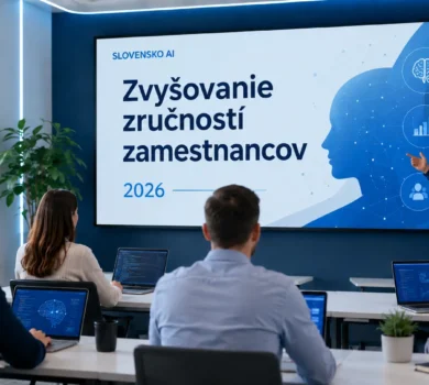 Moderná školiaca miestnosť s počítačmi a prezentáciou projektu Zvyšovanie zručností zamestnancov 2026 od Slovensko.AI.