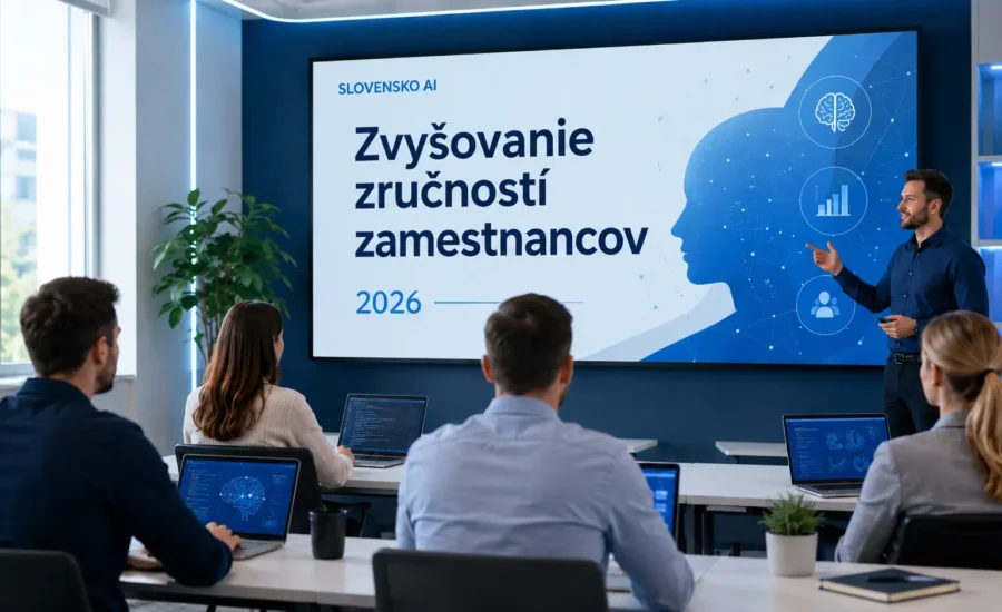 Moderná školiaca miestnosť s počítačmi a prezentáciou projektu Zvyšovanie zručností zamestnancov 2026 od Slovensko.AI.
