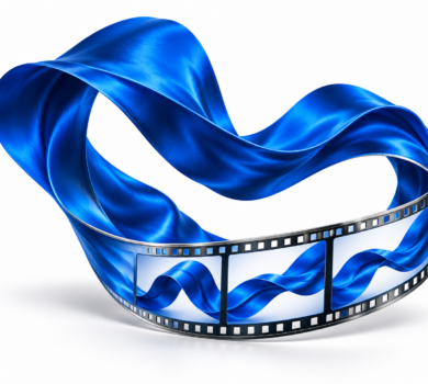 Modrý abstraktný vizuál prechádzajúci z obrázka do filmových políčok.