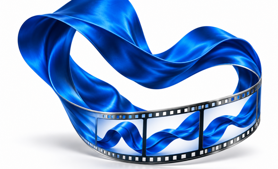 Modrý abstraktný vizuál prechádzajúci z obrázka do filmových políčok.