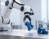 Robotické rameno s kamerou uchopuje modrý diel na pracovnej ploche.