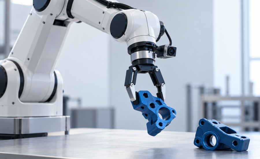 Robotické rameno s kamerou uchopuje modrý diel na pracovnej ploche.
